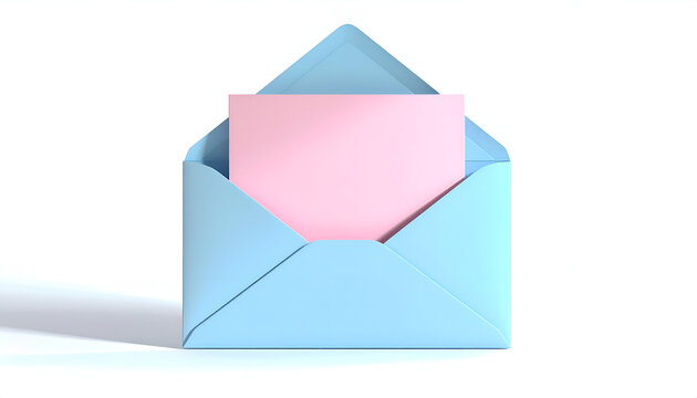 An open light blue envelope reveals a blank pink card, suggesting a message or invitation against a clean white background.