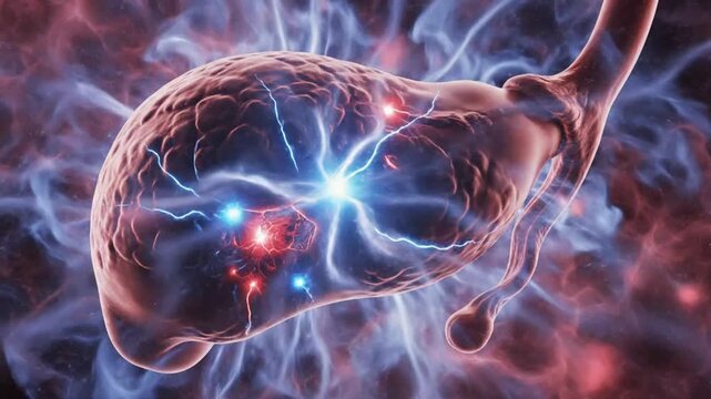 Dynamic visualizations of neural activity in a human stomach highlighting electrical impulses and cellular interactions