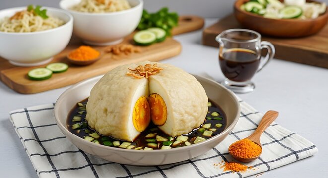 Nasi tim jamur dengan telur pindang dan sambal mentimun, sajian khas Indonesia