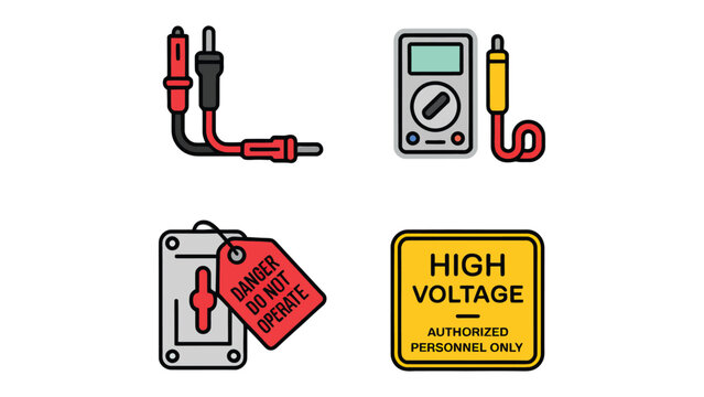 Electrical Safety Icons: A visual representation of electrical safety, featuring essential tools and warning signs, ideal for educational and instructional content. 
