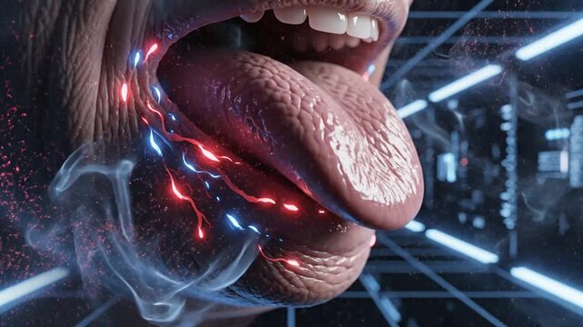 Futuristic visualization of digital neural pathways involving the human tongue with glowing circuit lines and energetic sparks