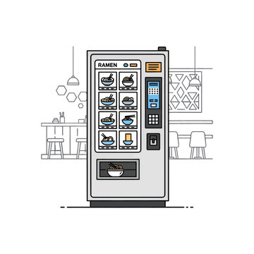A vending machine with various food options is displayed in a restaurant setting for customers
