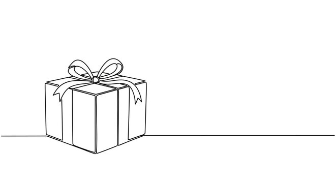 Simple Line Drawing of a Gift Box with a Bow, Representing Celebration and Generosity