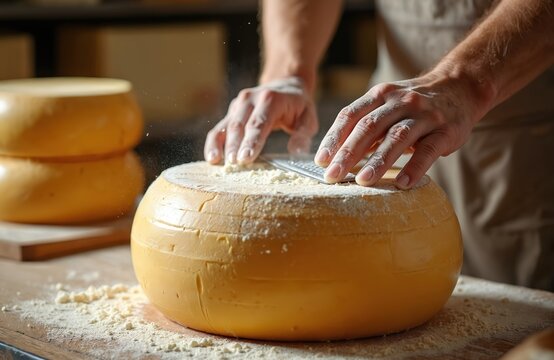 Man grates large cheese wheel in shop. Hands prepare food ingredients on wooden table. Dairy artisan works with aged cheese, creating powder for recipes.