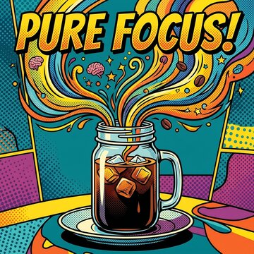  pop art poster of a cold brew coffee with a graphic swirl and Ben-Day dot shading. Typography: "Pure Focus!" ........all elements fit into image , The image is engaging, high resol