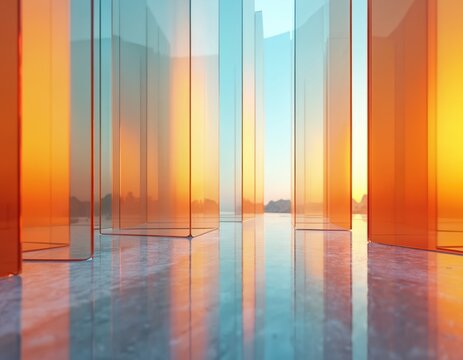 Rows of translucent orange glass panels create abstract corridor effect. Light reflects off smooth floor surfaces. Modern architecture style shows clean lines.