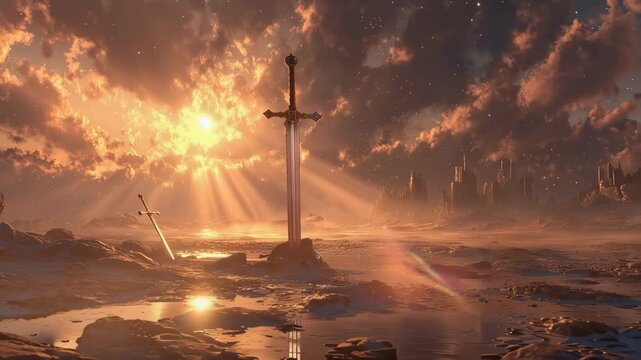 Epic fantasy landscape with ancient swords piercing a frozen wasteland at sunset