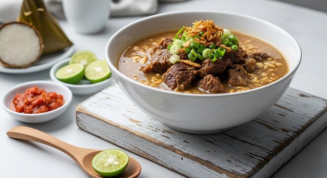 Sup Soto Daging khas Indonesia dengan kuah gurih dan rebusan daging sapi empuk