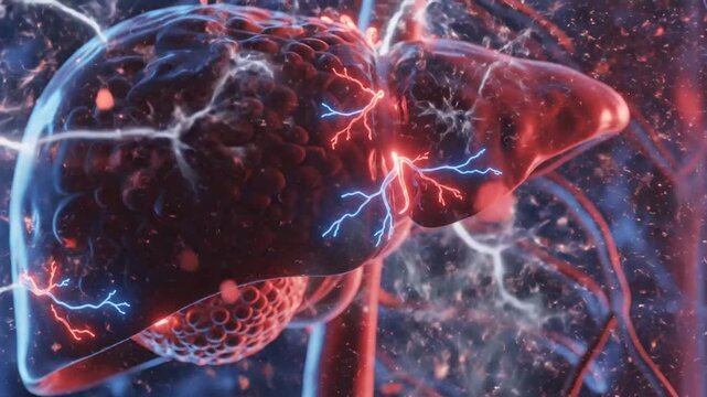 Dynamic visualization of human organ highlighting neural and vascular activity with electrical discharges in a sci-fi aesthetic
