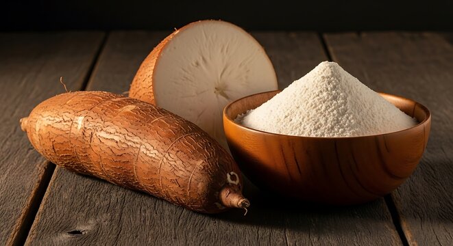 Tampilan Singkong dan tepung singkong dalam mangkuk kayu di atas meja kayu