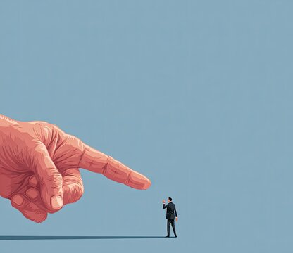 Giant Hand Finger Points Accusatorily at Tiny Businessman.