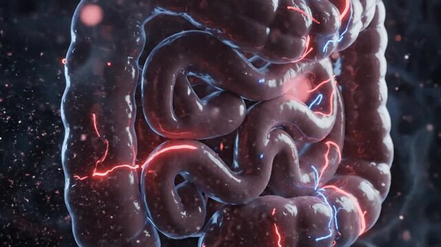 Futuristic visualization of human intestines with dynamic electric impulses highlighting internal digestive processes in a