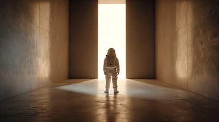 Obraz premium Astronaut Standing in a Vast Hallway Towards Bright Light.