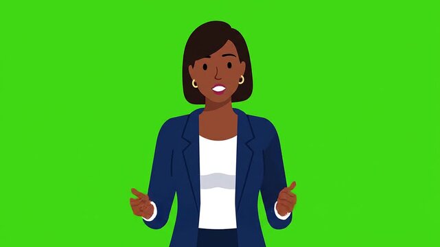 Smiling business presenter woman in blue blazer standing confidently on green screen background