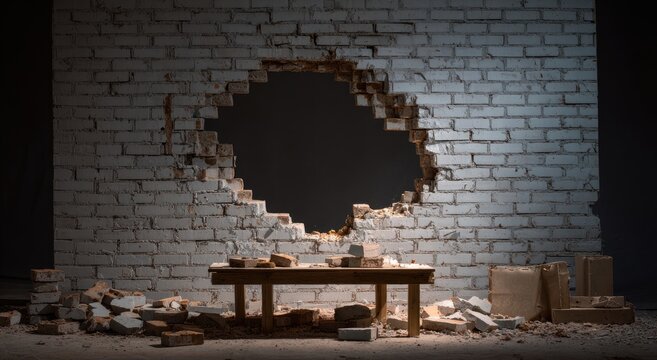 A weathered wooden table sits amidst a pile of rubble and a gaping hole in a crumbling brick wall, creating a surreal and evocative scene.