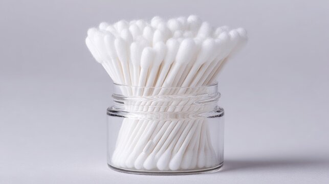 A pristine arrangement of white cotton swabs neatly contained within a clear glass jar, showcasing personal care essentials.