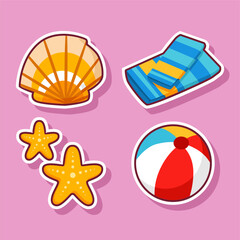 Fototapeta premium Set of Summer Beach Stickers with Scallop Shell Starfish and Beach Ball