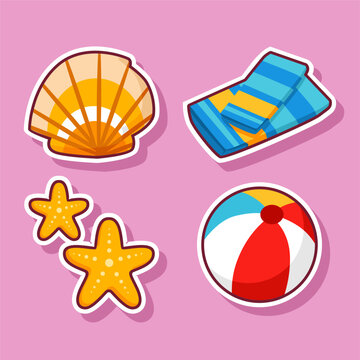 Set of Summer Beach Stickers with Scallop Shell Starfish and Beach Ball