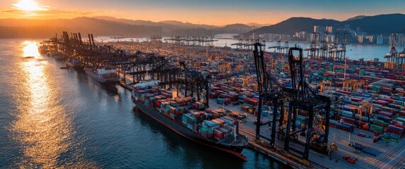 Naklejka premium Aerial View of a Bustling Container Port at Sunset with Cranes and Ships.