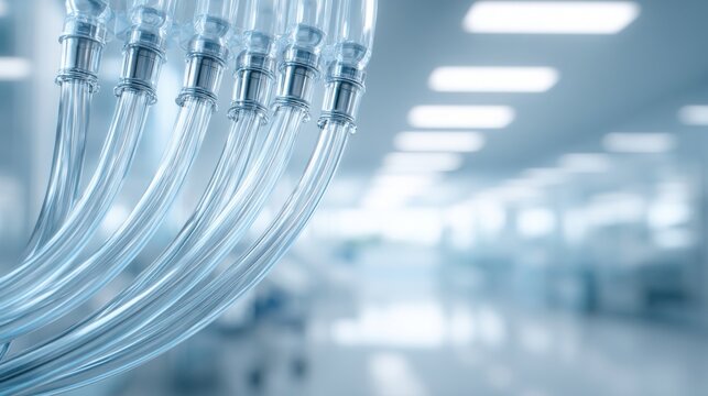 Precisely measured lengths of clear flexible tubing in a sterile laboratory setting