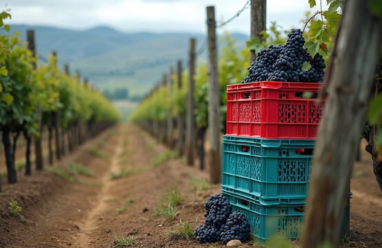 Red and blue grapes piled in crates at a vineyard. Harvested fruit sits ready for winemaking in rural autumn scenery. Grapes for wine are stacked in containers, ready for processing.