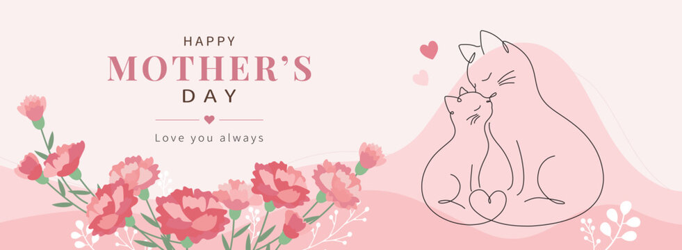 Mother&rsquo;s Day Banner with Cute Cat and Kitten, Minimal Line Art Family Love Illustration, Editable Greeting Template, Pastel Pink Vector EPS