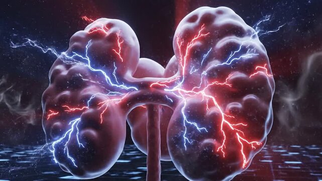 Futuristic depiction of human kidneys with lightning and energy textures in a surreal digital art style
