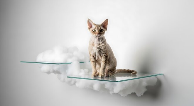 Devon rex cat sitting on a floating glass shelf surrounded by fluffy white clouds in a minimalist high resolution commercial studio photograph