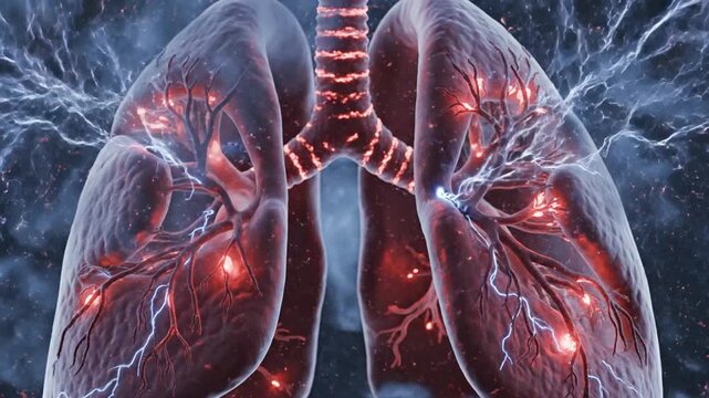 Dynamic visualization of human heart and respiratory system with animated lightning and energy flow effects