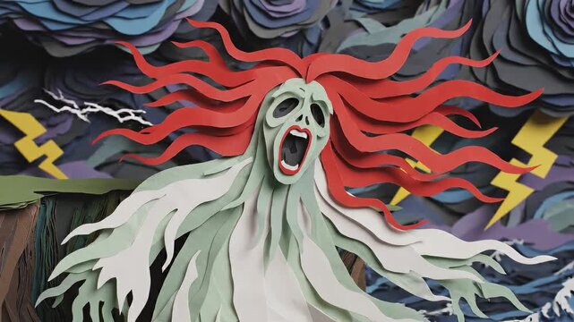 A captivating animation of a banshee figure with fiery red hair screaming atop a cliff amidst a stormy, dramatic background filled with dark clouds