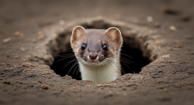 Curious least weasel peeking out from a dark underground burrow entrance in the earth featuring detailed fur texture and bright eyes in soft natural daylight