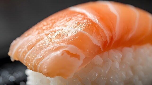 A close-up photograph capturing the delicate texture of a single piece of salmon nigiri sushi, featuring fresh orange-pink fish with glinting water droplets resting on a bed of seasoned rice against a