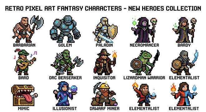Retro pixel art fantasy characters collection. Video game assets of knight mermaid treant and dragon isolated vector sprites.