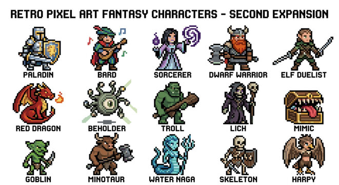 Retro pixel art fantasy characters collection. Video game assets of knight mermaid treant and dragon isolated vector sprites.