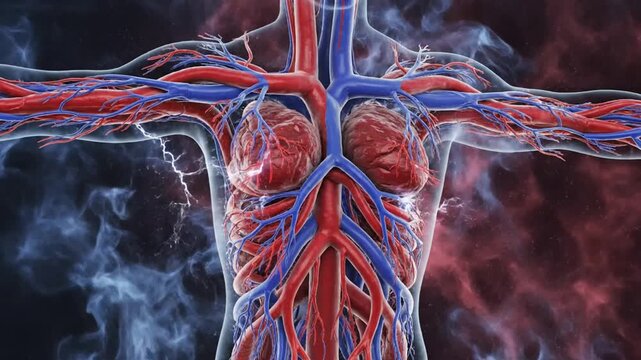 Visual depiction of human cardiovascular system highlighting arteries and veins within a cosmic space-like background with