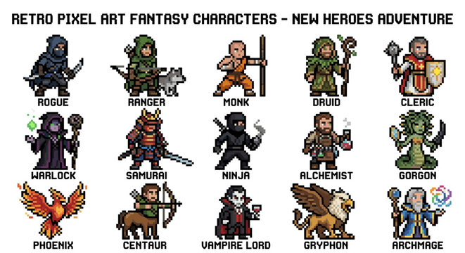 Retro pixel art fantasy characters collection. Video game assets of knight mermaid treant and dragon isolated vector sprites.