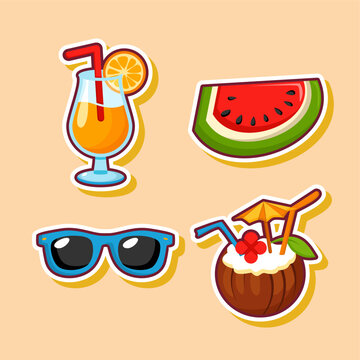 Set of Summer Tropical Refreshment Stickers with Cocktails Watermelon and Sunglasses