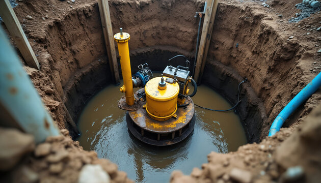 Submersible pump works in muddy well pit at construction site. Yellow dewatering machine removes water from wet soil, preparing ground for excavation. Blue pipe carries away water.