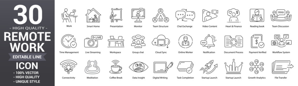 Remote work line icon set. Work from home editable outline icons for freelance, office, task management, notifications and team collaboration. Vector illustration.