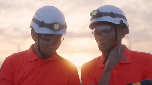 Close-up of Asian engineers in safety helmets at a wind farm during sunset, representing clean energy workforce, industrial safety, and teamwork in sustainable energy operations.