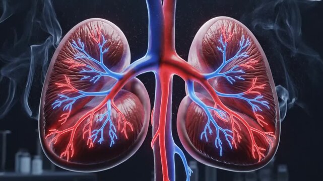 Dynamic visualization of human kidney function showcasing blood flow and filtration processes in a series of realistic animated