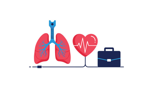 Healthcare icons featuring a pair of human lungs, a heart with a pulse line, and a medical professional briefcase on a white background.
