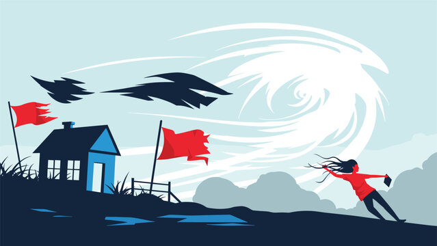 Powerful hurricane or wind storm forces a woman to struggle against high gusts near a blue house with red danger flags under a swirling sky.