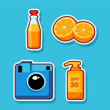 Set of Summer Holiday Stickers with Camera Orange Juice and Sunscreen