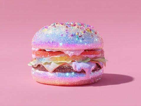 Sparkling Rainbow Burger on Pink Background.