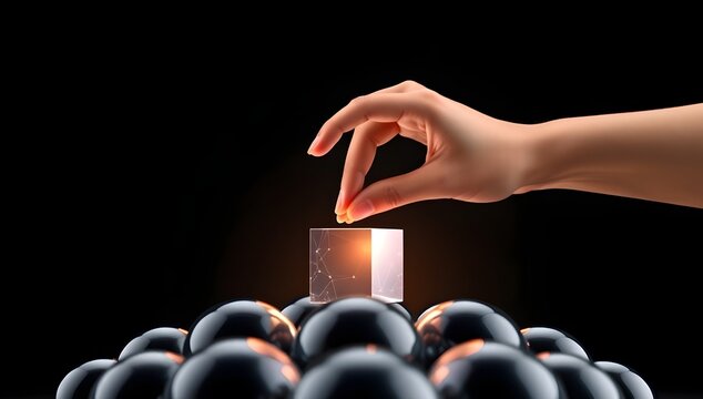 Hand Placing Distinct Cube Among Spheres &mdash; Brand Differentiation Concept, Innovation Strategy, Unique Perspective, Leadership Vision, and Creative Business Identity