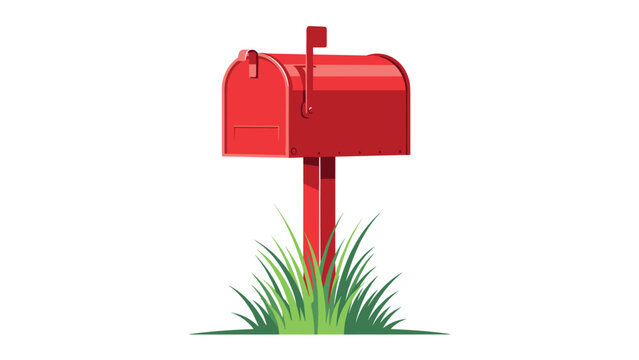 Traditional red metal mailbox mounted on a post and surrounded by a patch of green grass on a white background.