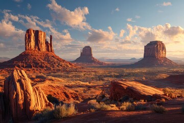 Naklejka premium Monument Valley's iconic sandstone buttes rise majestically against a vibrant sunset sky, showcasing the stunning beauty of the American Southwest.