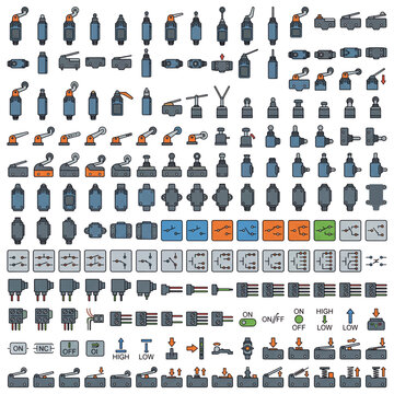 Collection of industrial control levers switches and buttons icons.