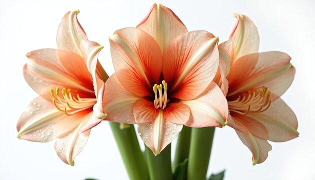 Close-up of three peach, white amaryllis flowers. Delicate petals reveal vibrant red centers, yellow stamens, with water droplets on blooms. Green stems provide natural contrast against clean white